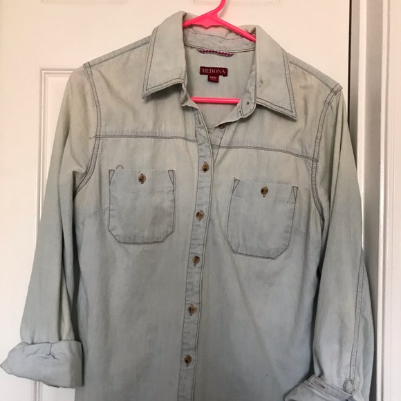 Tops - Distressed jean button up